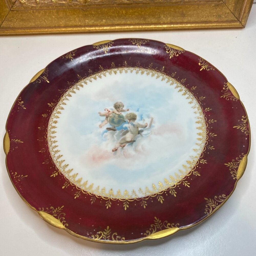 J P Limoges Cherubs With Book And Globe Gilded Red Cabinet Plate 9.5” wide